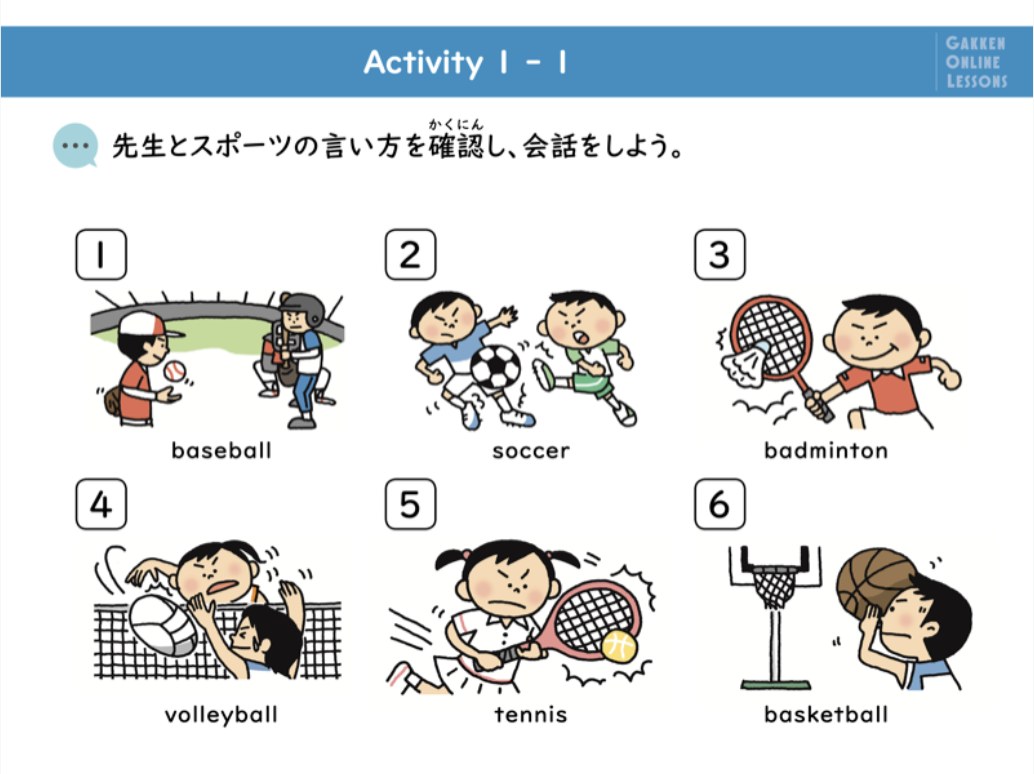 小学生の学校英語 6年生 レッスン1の教材（スポーツの言い方）