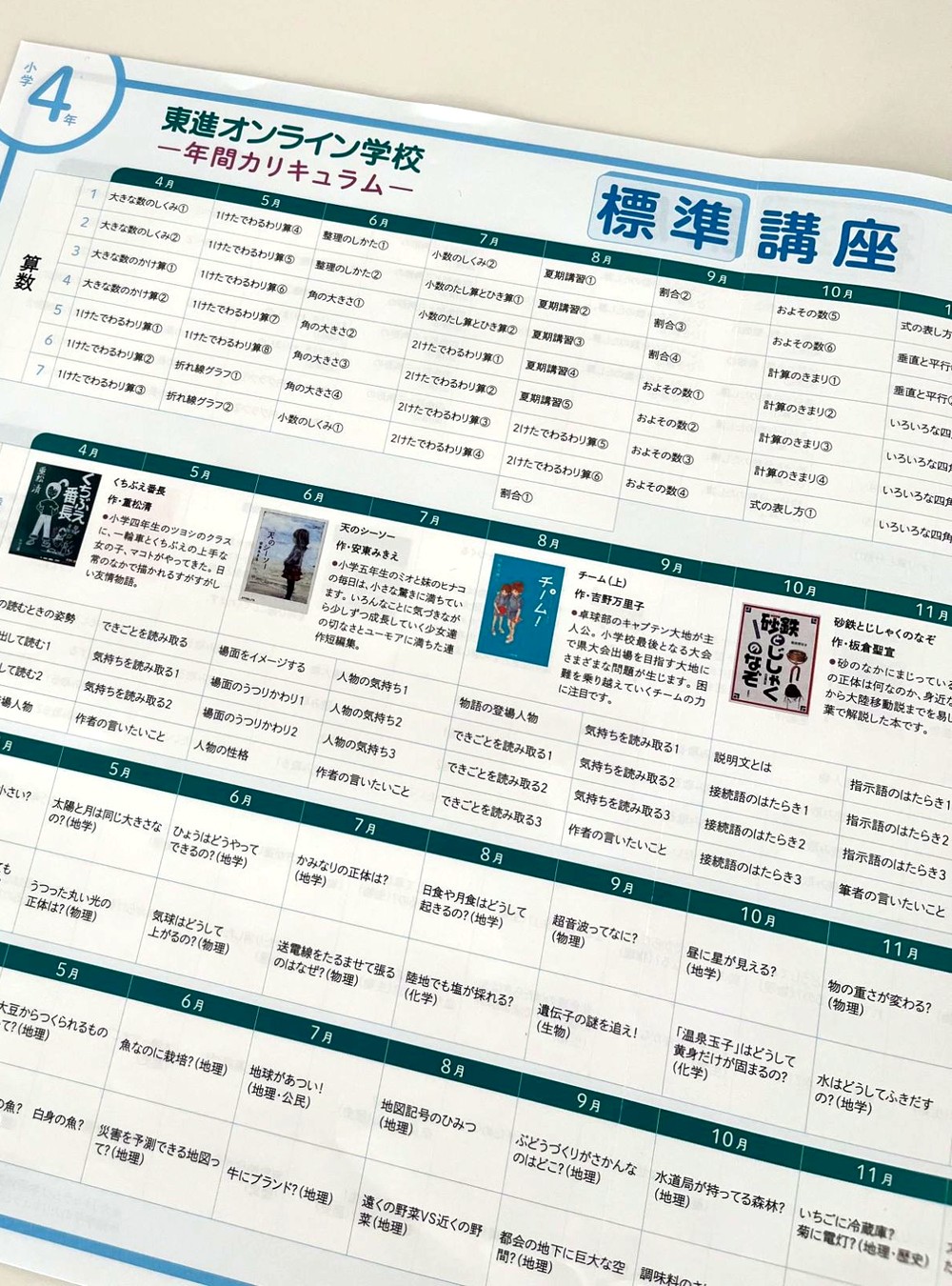 資料請求で届く東進オンライン学校小学部の年間カリキュラム一覧（小学4年・標準講座）